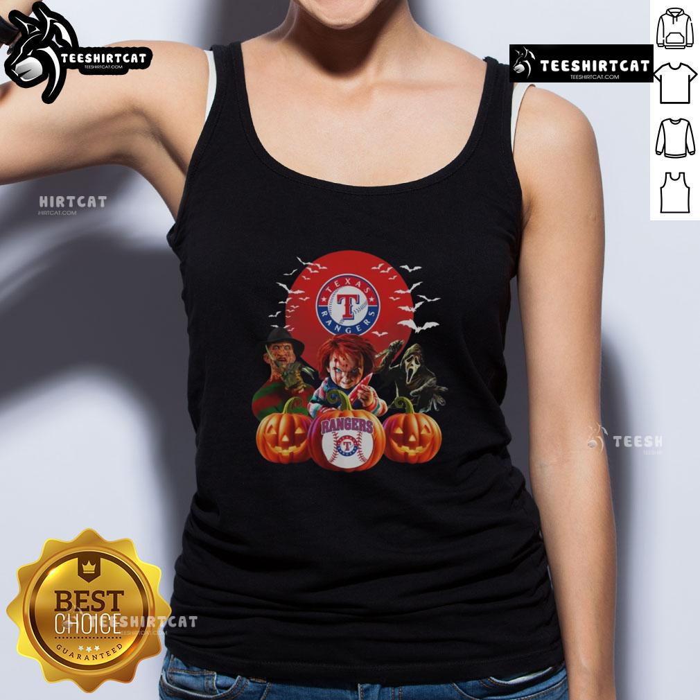Official Texas Rangers MLB Halloween tank top featuring a spooky design perfect for horror movie fans and baseball lovers.