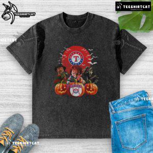 Official Texas Rangers MLB horror movie Halloween washed t-shirt featuring spooky graphics and team logo for fans.