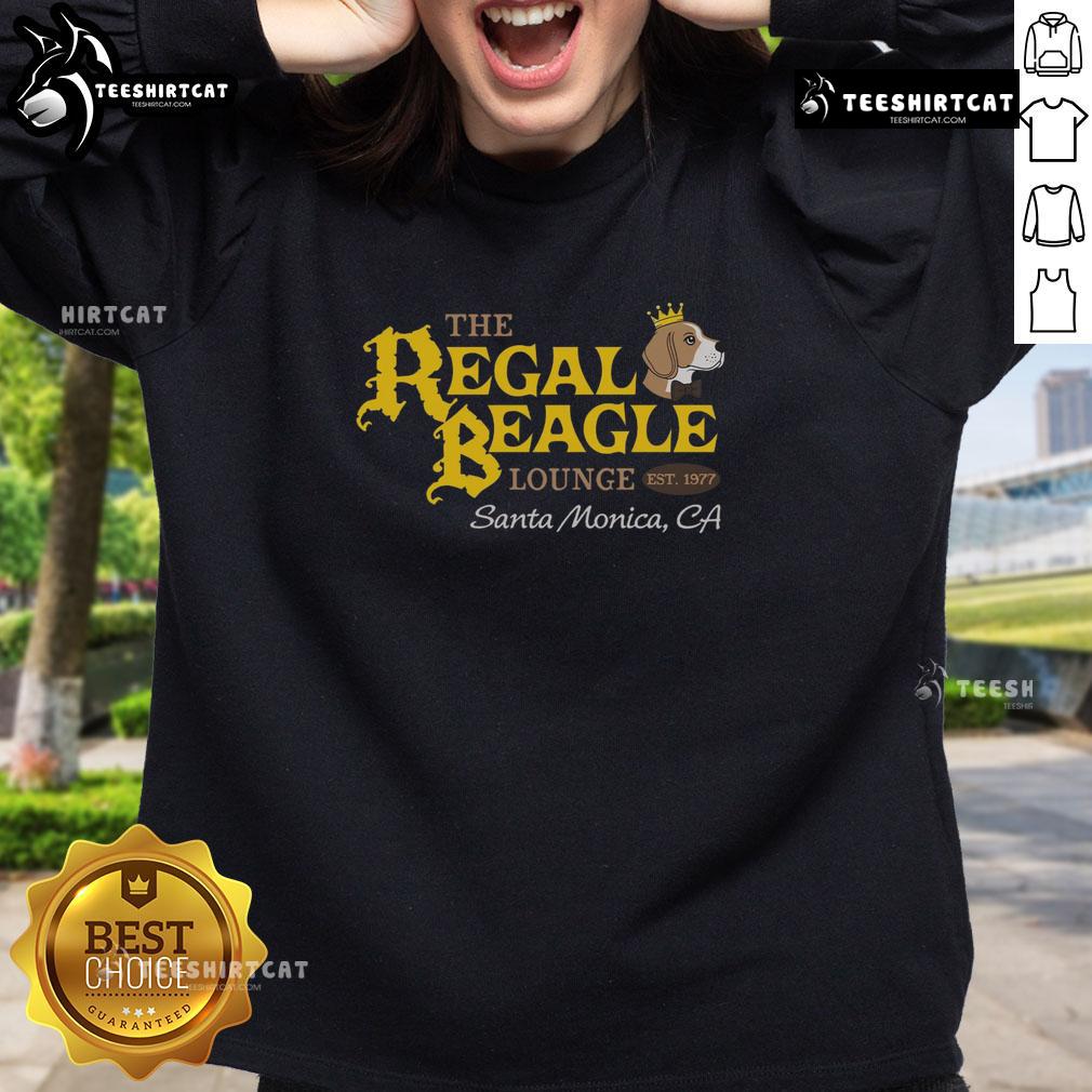 Alt Text: Official The Regal Beagle Lounge Est 1977 sweatshirt featuring a vintage design and cozy fit, perfect for fans.