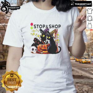 Black cat and pumpkin graphic on Halloween ladies tee from Official The Stop And Supermarket, perfect for spooky season.