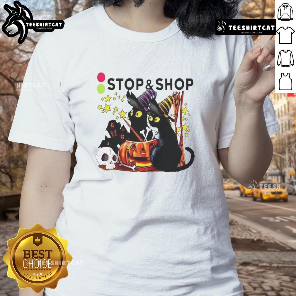 Black cat and pumpkin graphic on Halloween ladies tee from Official The Stop And Supermarket, perfect for spooky season.