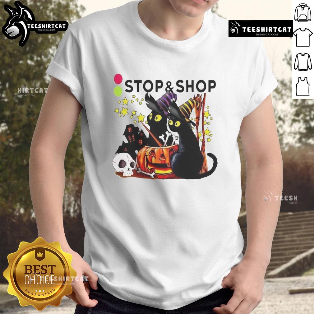 Black cat witch with pumpkin at haunted house on Official The Stop And Supermarket Halloween T-shirt design.