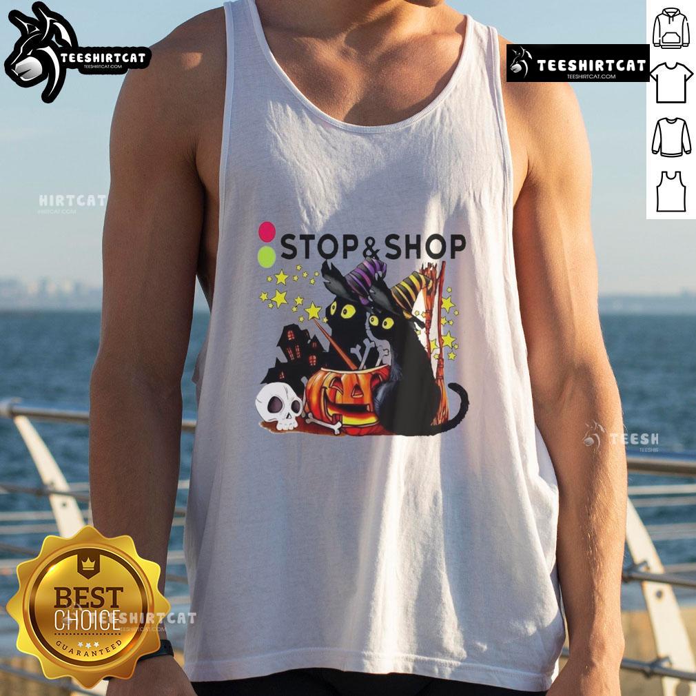 Alt Text: Black cat witch with pumpkin at a haunted house on a Halloween tank top from The Stop And Supermarket.
