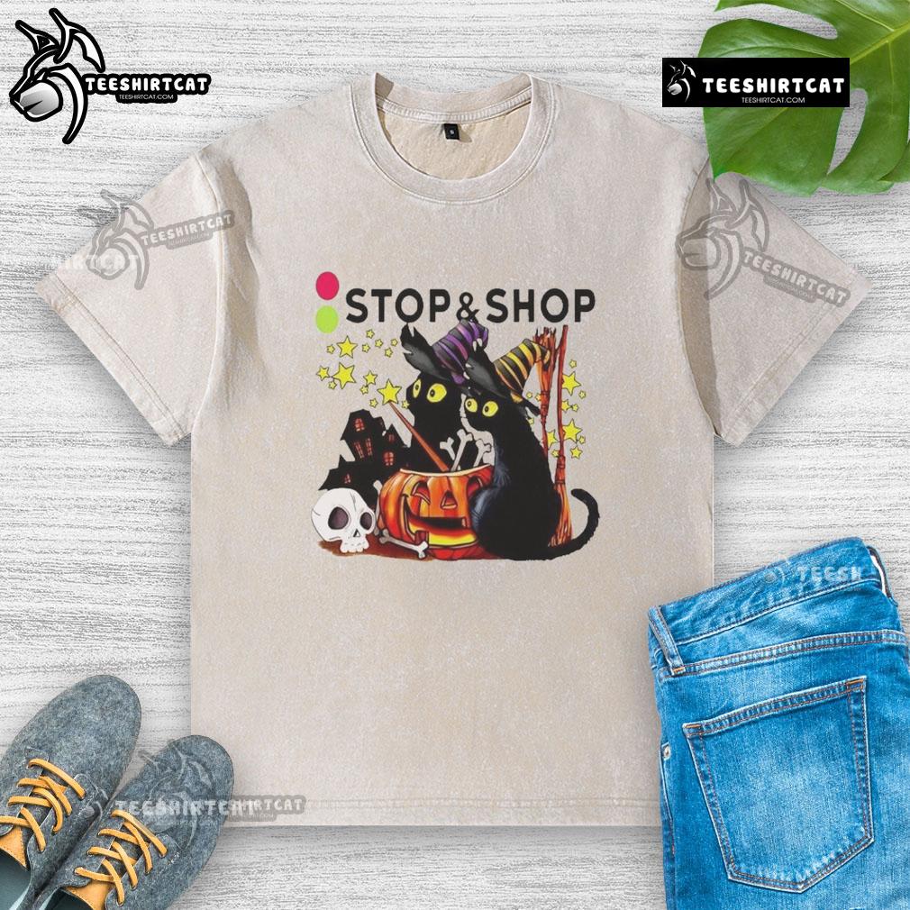 Official black cat witch pumpkin haunted house Halloween washed t-shirt for spooky season style.