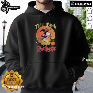 Alt Text: Official This Witch Loves The Houston Rockets Snoopy Halloween Hoodie featuring a playful design for fans.