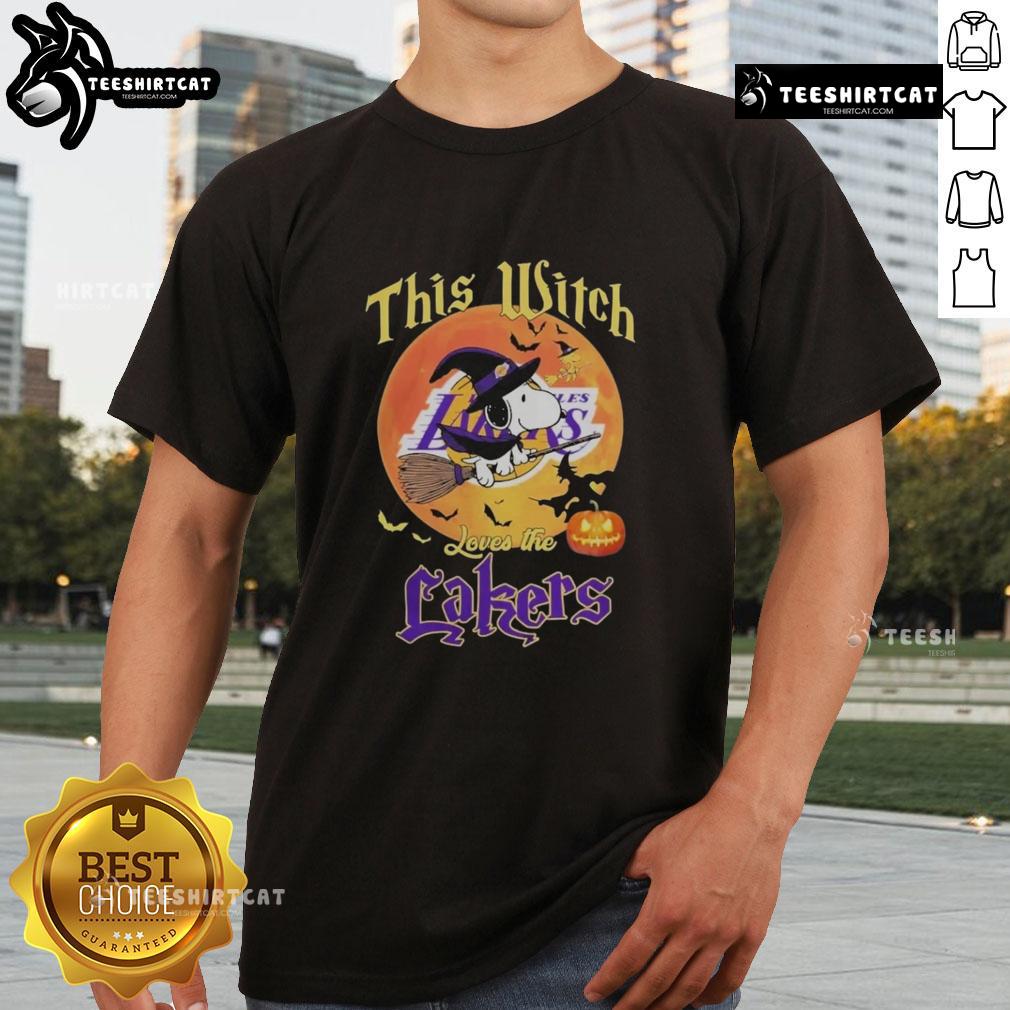 Official This Witch Loves The Los Angeles Lakers Snoopy Halloween T-Shirt featuring Snoopy in Lakers colors for Halloween.