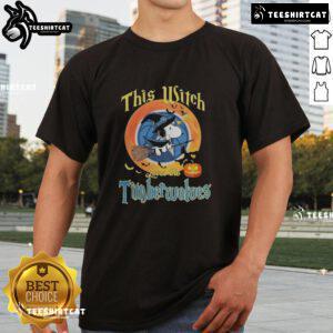 Alt Text: Official This Witch Loves The Minnesota Timberwolves Snoopy Halloween T-Shirt featuring a playful design perfect for fans.