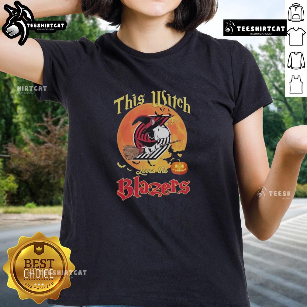 Official This Witch Loves The Portland Trail Blazers Snoopy Halloween Ladies Tee featuring a playful design.