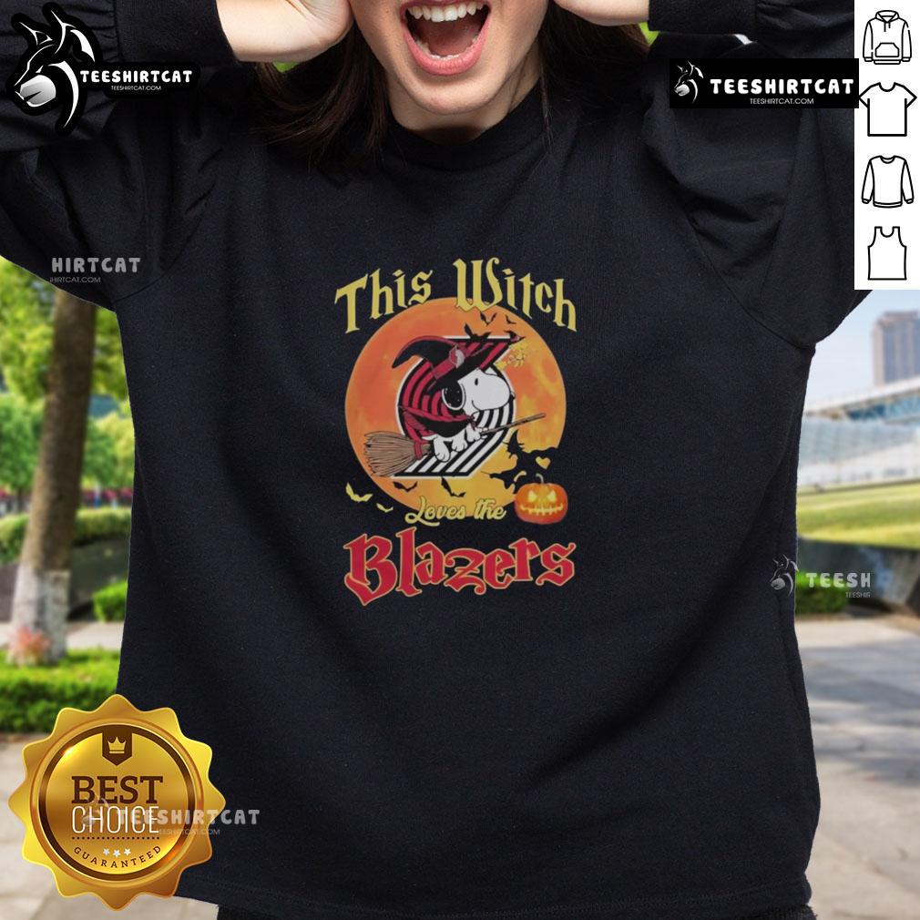 Alt Text: Official Snoopy Halloween sweatshirt for fans, featuring 'This Witch Loves the Portland Trail Blazers' design.