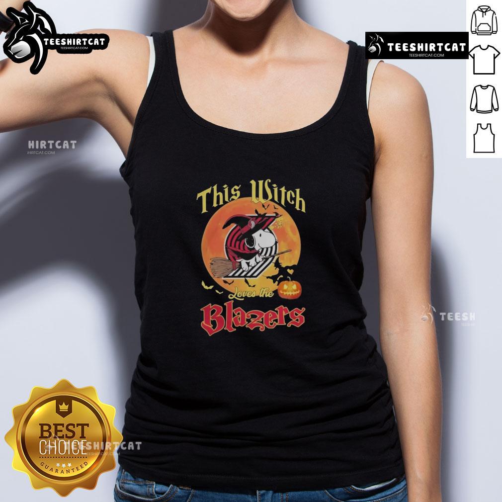 Alt Text: Official This Witch Loves The Portland Trail Blazers Snoopy Halloween Tank Top featuring a festive design.