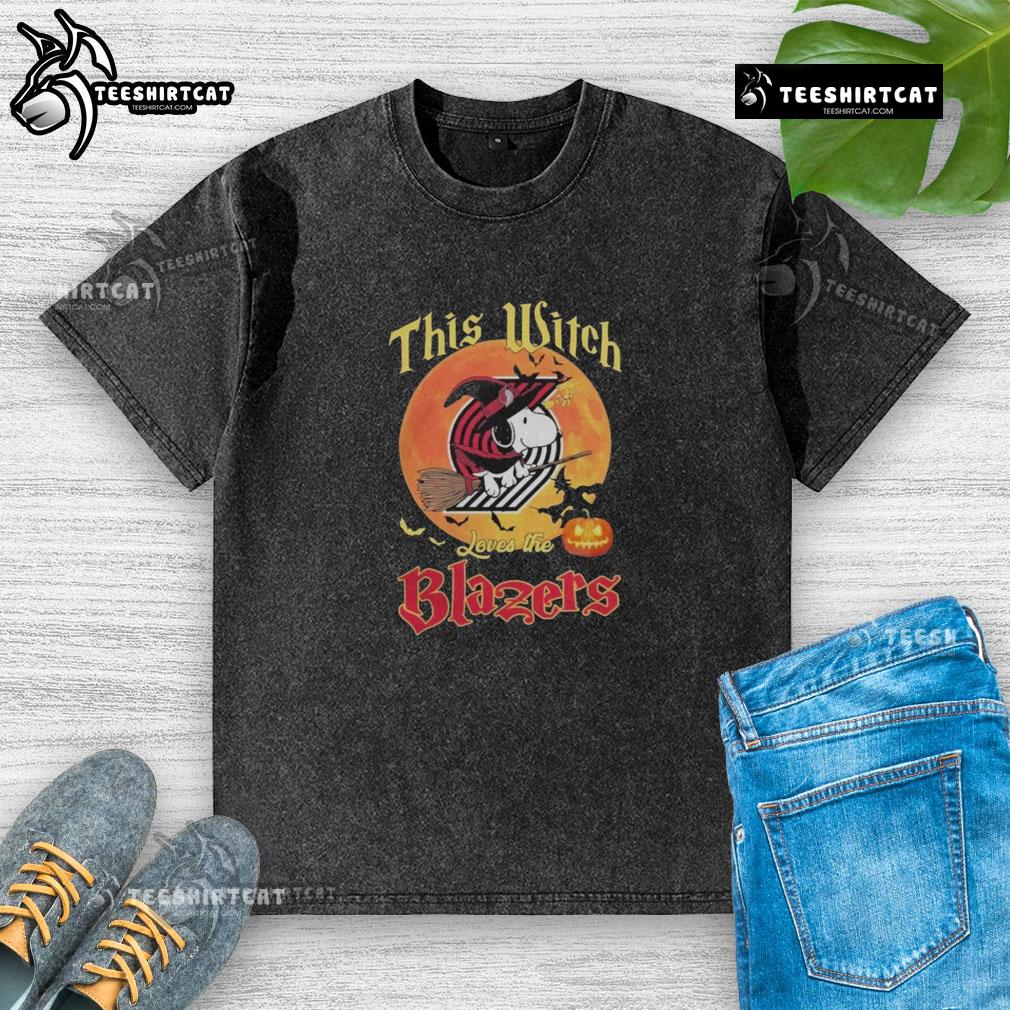 Alt Text: Official Snoopy Halloween T-shirt with 'This Witch Loves the Portland Trail Blazers' design, perfect for fans.