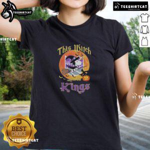 Official Snoopy Halloween ladies tee featuring 'This Witch Loves The Sacramento Kings' design for fans.