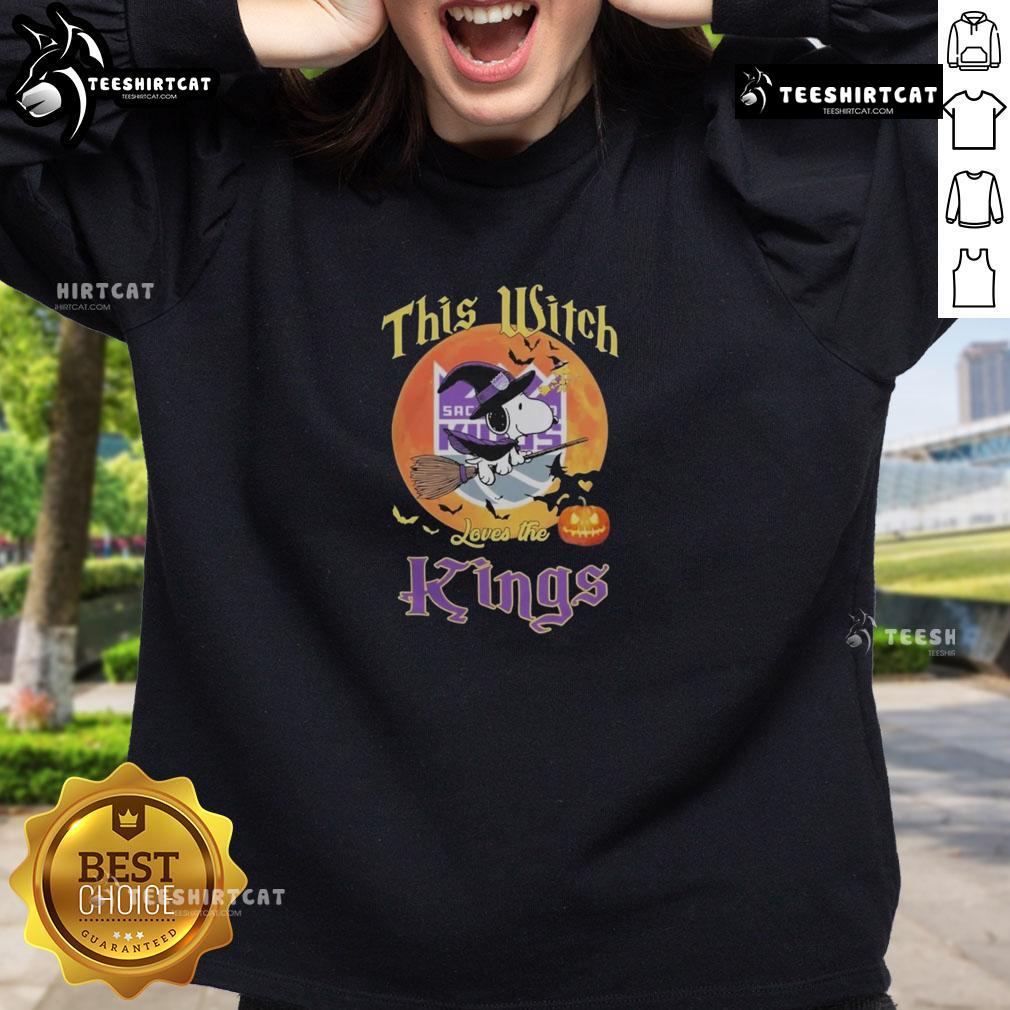 Official Snoopy Halloween sweatshirt for fans who love the Sacramento Kings, featuring a witchy design.