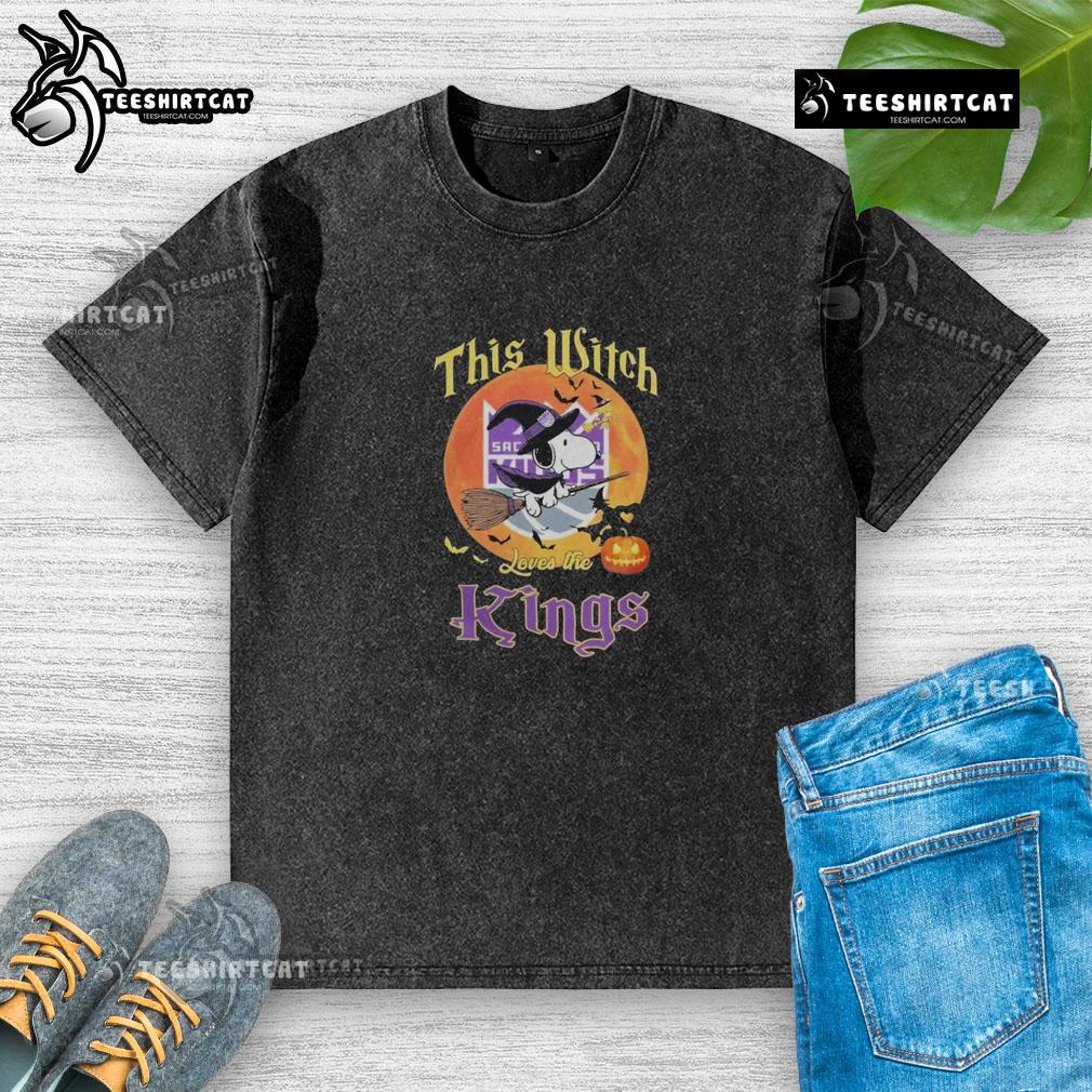 Official Snoopy Halloween T-Shirt for Sacramento Kings fans, featuring a playful witch design in a washed style.