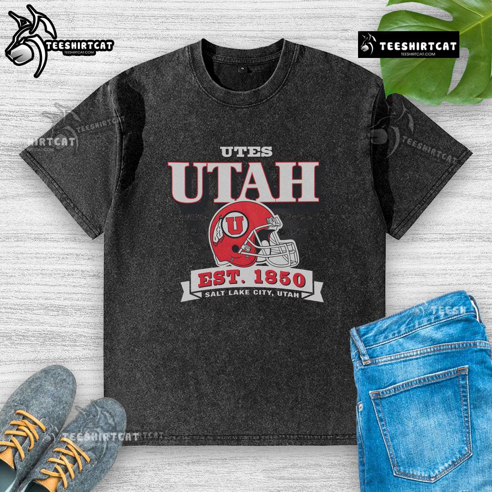 Official Utah Utes Stripe Splash Washed T-Shirt in red and white, featuring the team logo and a stylish striped design.