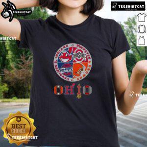 Original Cleveland Guardians X Ohio State Buckeyes and Cleveland Cavaliers X Cleveland Browns ladies tee design.