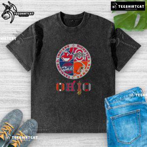 Original Cleveland Guardians X Ohio State Buckeyes & Cleveland Cavaliers X Cleveland Browns washed t-shirt design.