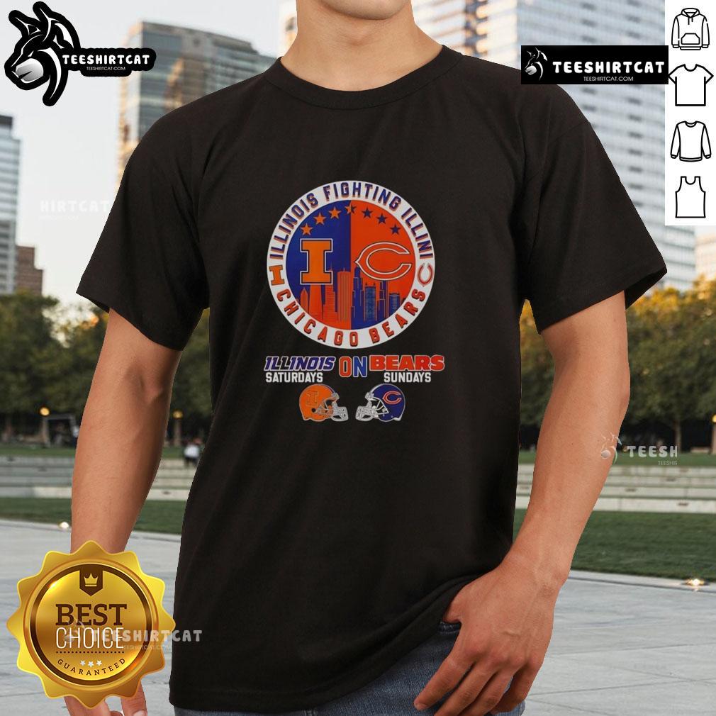 Alt Text: Original Illinois Fighting and Chicago Bears T-shirt featuring city skyline logo for Saturdays on Sundays.