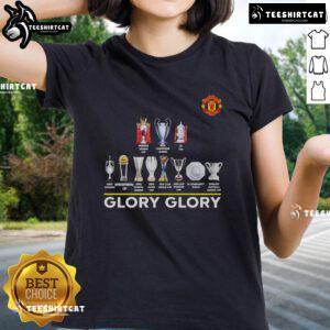 Original Manchester United Glory Glory Trophy Ladies Tee featuring club logo and vibrant design for fans.