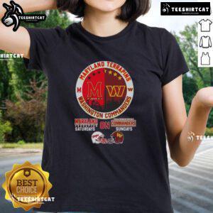 Alt Text: Ladies tee featuring Maryland Terrapins and Washington Commanders logos with city skyline design for Saturdays on Sundays.