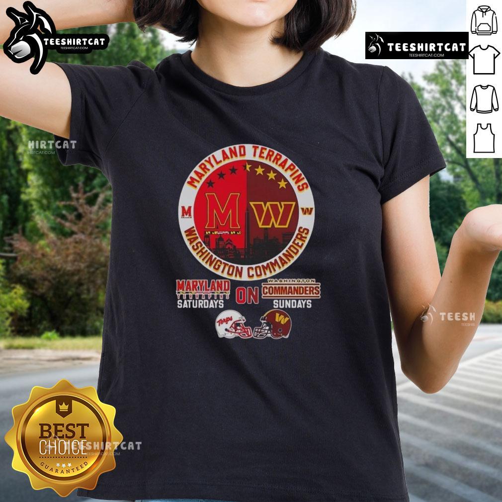 Alt Text: Ladies tee featuring Maryland Terrapins and Washington Commanders logos with city skyline design for Saturdays on Sundays.