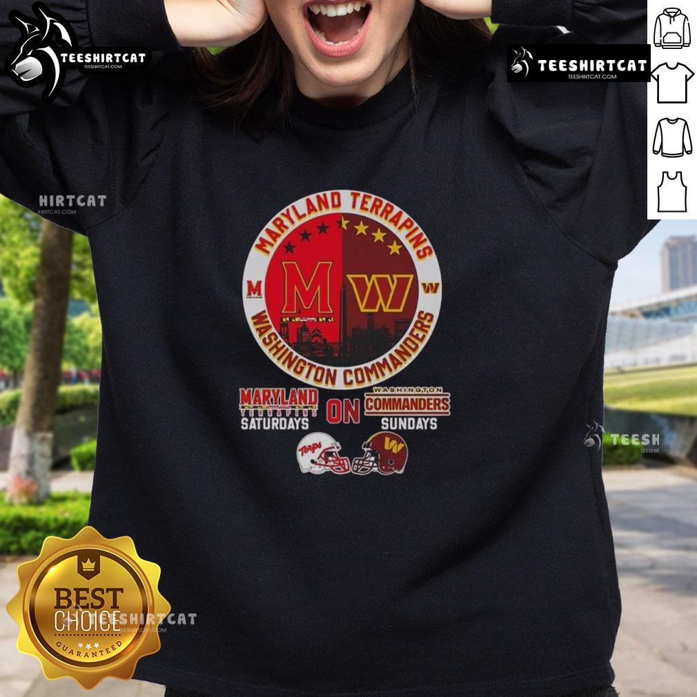 Alt Text: Original Maryland Terrapins and Washington Commanders sweatshirt featuring a city skyline logo, perfect for game days.