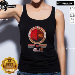 Alt Text: Stylish tank top featuring Maryland Terrapins and Washington Commanders logos with a city skyline design.
