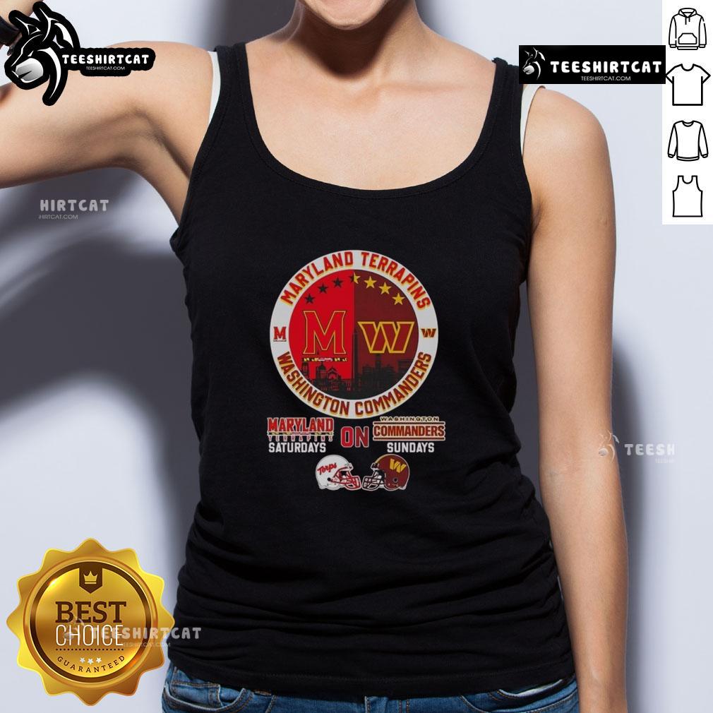 Alt Text: Stylish tank top featuring Maryland Terrapins and Washington Commanders logos with a city skyline design.