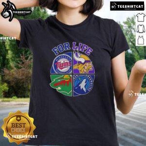 Original Minnesota Sports For Life logo on a women's tee shirt, showcasing vibrant colors and stylish design.