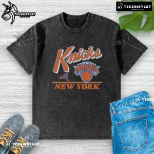Vintage washed t-shirt featuring the Original New York Knicks Fly By design, perfect for basketball fans and collectors.