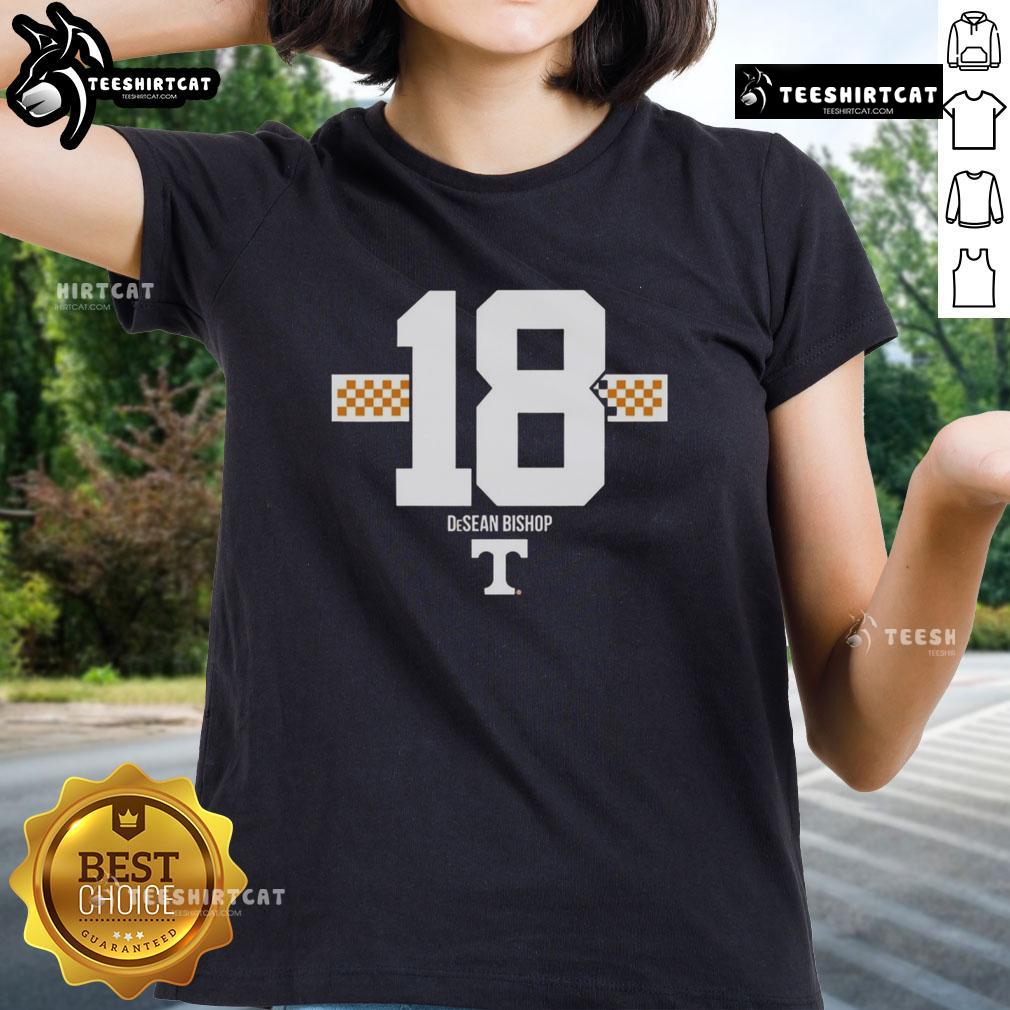 Alt Text: Original Tennessee Volunteers football Desean Bishop 18 checkered stripe ladies tee showcasing team spirit and style.