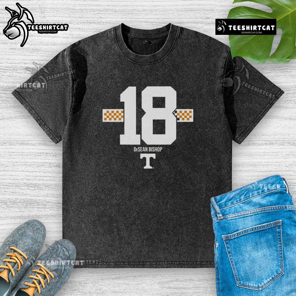 Original Tennessee Volunteers Football Desean Bishop 18 Checkered Stripe Washed T-Shirt in vibrant orange and white.