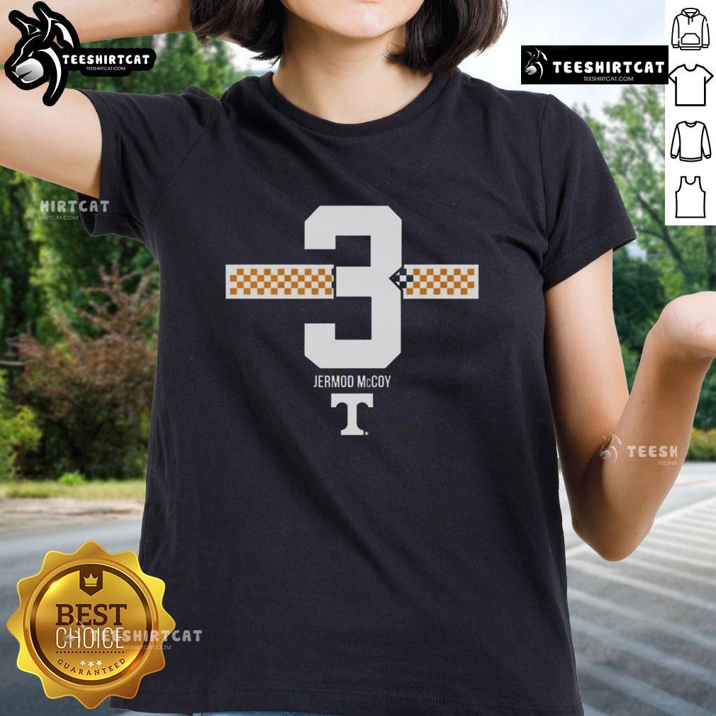 Original Tennessee Volunteers football ladies tee featuring Jermod McCoy's 3 checkered stripe design in vibrant colors.