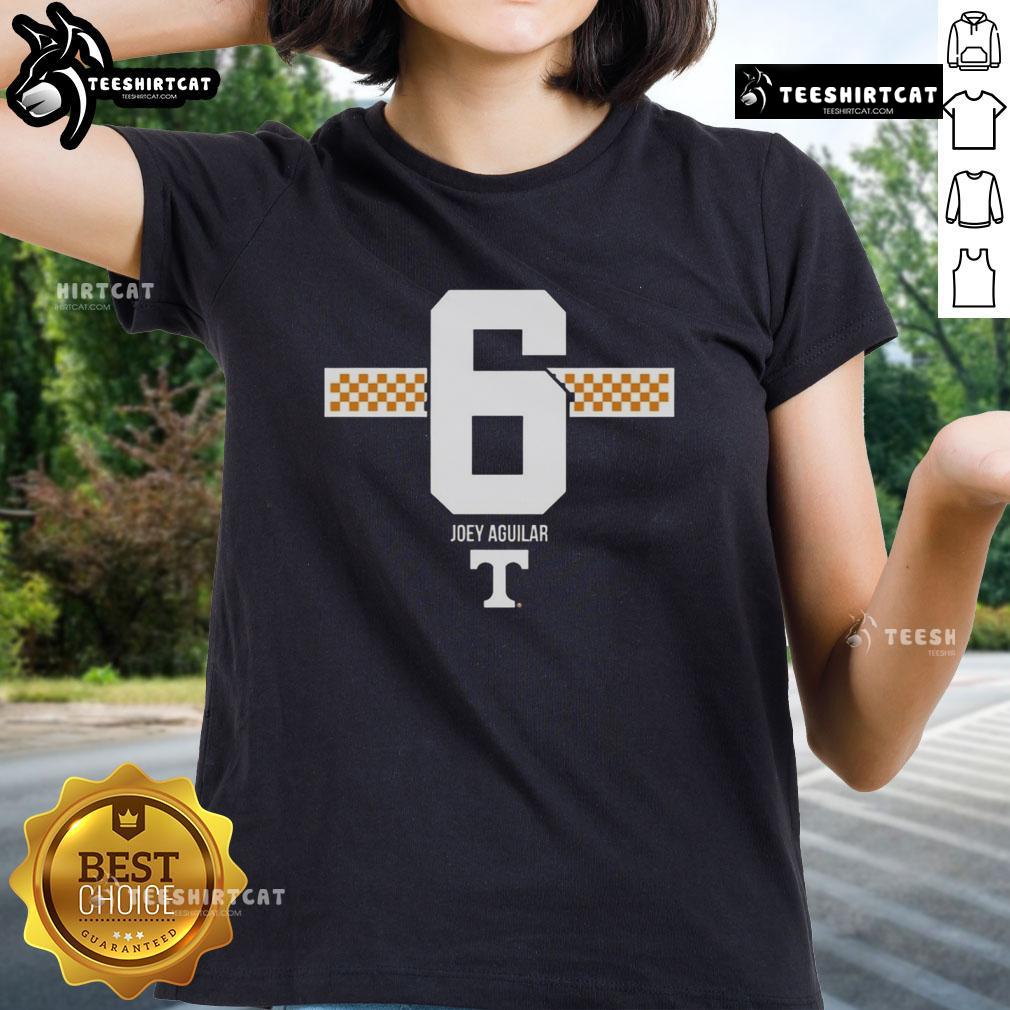 Original Tennessee Volunteers Football Joey Aguilar 6 Checkered Stripe Ladies Tee, perfect for fans and game day.