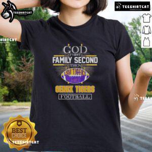 Premium 2025 God First Family Second Then Geaux Tigers Football Ladies Tee in vibrant colors, perfect for fans.