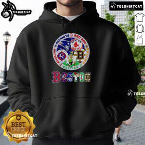 Premium Boston sports hoodie featuring Patriots, Red Sox, Bruins, Celtics, and Revolution logos for fans.