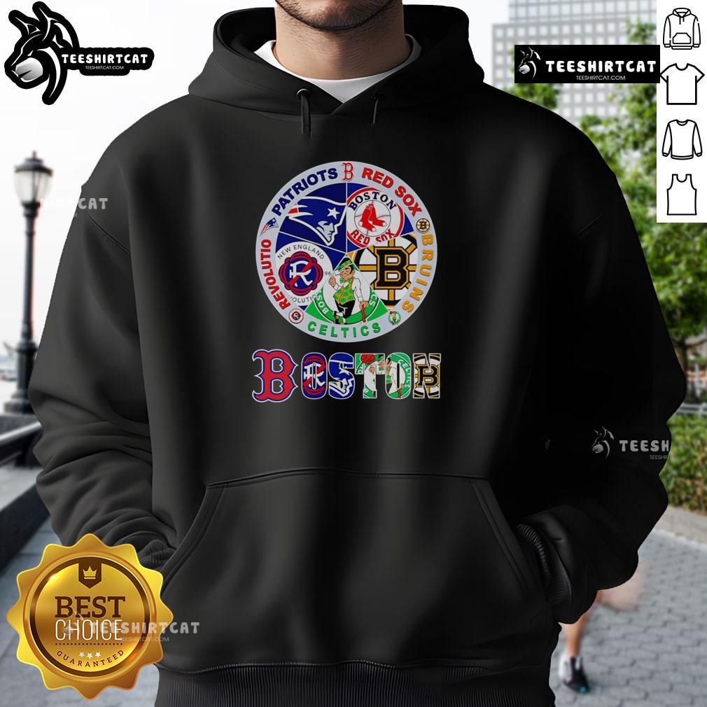 Premium Boston sports hoodie featuring Patriots, Red Sox, Bruins, Celtics, and Revolution logos for fans.