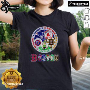 Premium Boston Sports ladies tee featuring Patriots, Red Sox, Bruins, Celtics, and Revolution logos for stylish fans.