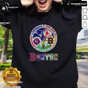 Premium Boston Sports sweatshirt featuring logos of the Patriots, Red Sox, Bruins, Celtics, and Revolution.