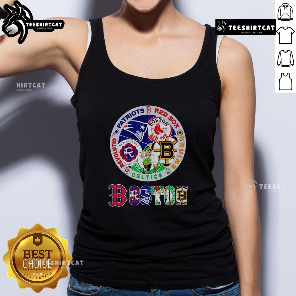 Premium Boston Sports tank top featuring Patriots, Red Sox, Bruins, Celtics, and Revolution logos for fans.