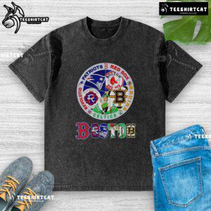 Alt Text: Premium Boston Sports T-shirt featuring Patriots, Red Sox, Bruins, Celtics, and Revolution logos in washed design.