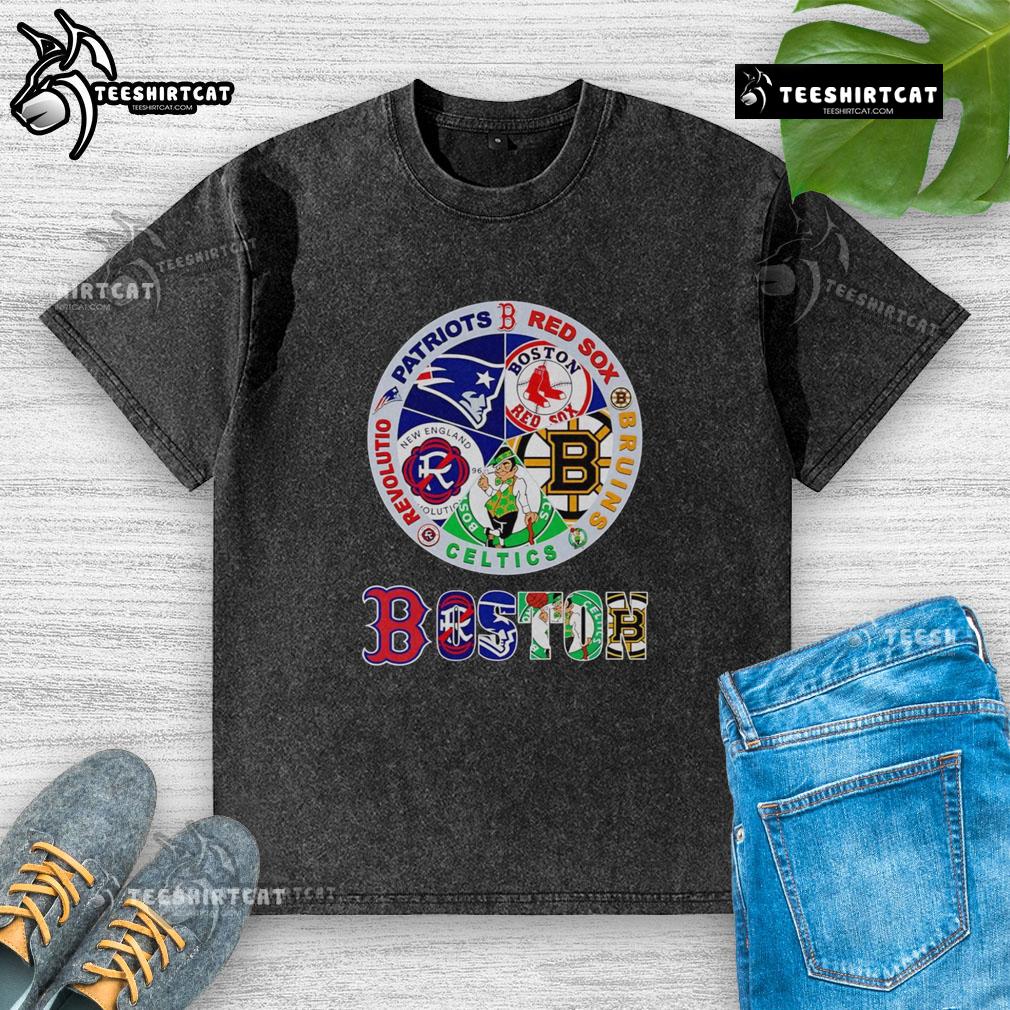 Alt Text: Premium Boston Sports T-shirt featuring Patriots, Red Sox, Bruins, Celtics, and Revolution logos in washed design.