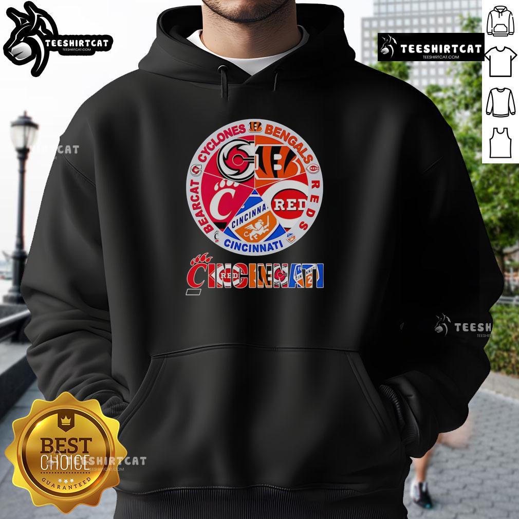 Premium Cincinnati sports hoodie featuring Cyclones, Bengals, Reds, and Bearcat logos for ultimate fan style.