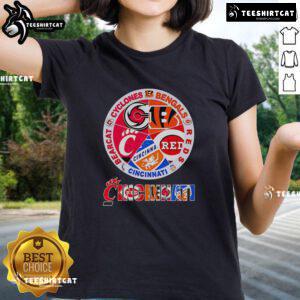 Premium Cincinnati Sports Cyclones Bengals Reds Bearcat Logo Ladies Tee showcasing vibrant team spirit and style.