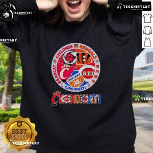 Premium Cincinnati sports sweatshirt featuring Cyclones, Bengals, Reds, and Bearcat logos for ultimate fan style.