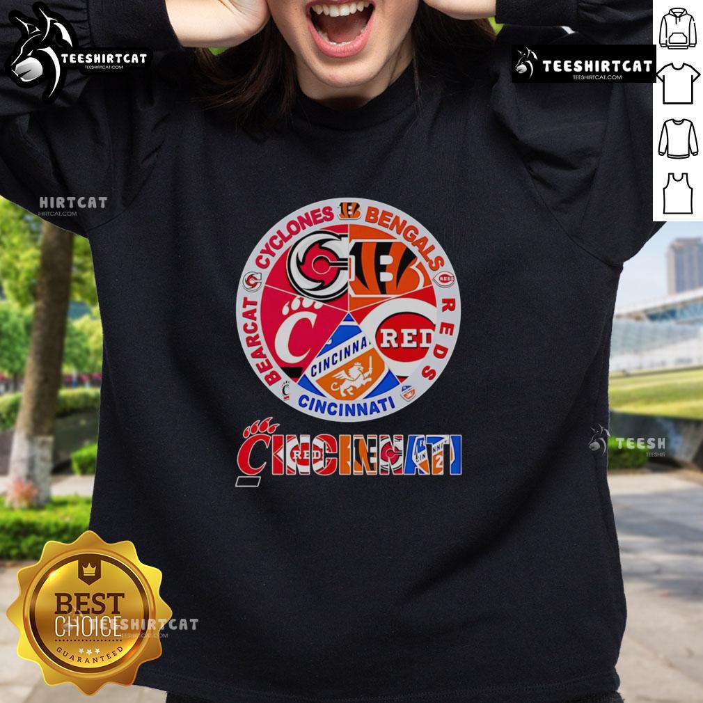 Premium Cincinnati sports sweatshirt featuring Cyclones, Bengals, Reds, and Bearcat logos for ultimate fan style.