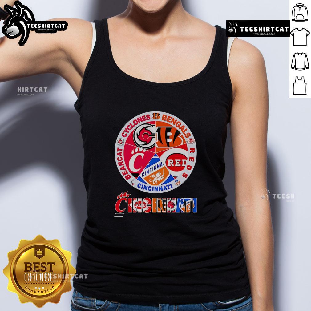 Premium Cincinnati Sports tank top featuring Cyclones, Bengals, Reds, and Bearcat logos for stylish fans.