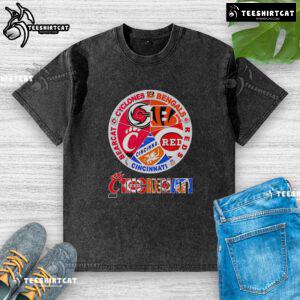 Alt Text: Premium Cincinnati sports t-shirt featuring Cyclones, Bengals, Reds, and Bearcats logos in a washed design.