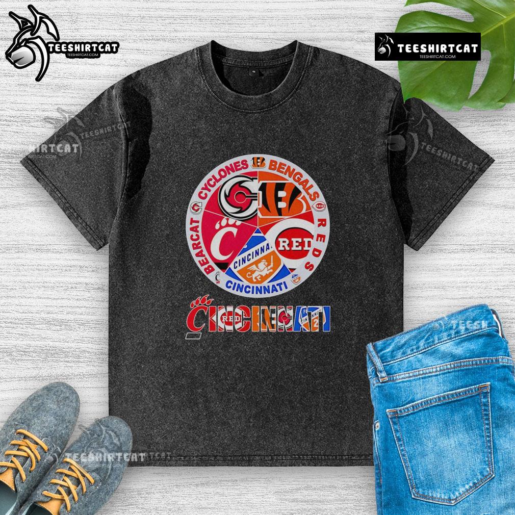 Alt Text: Premium Cincinnati sports t-shirt featuring Cyclones, Bengals, Reds, and Bearcats logos in a washed design.