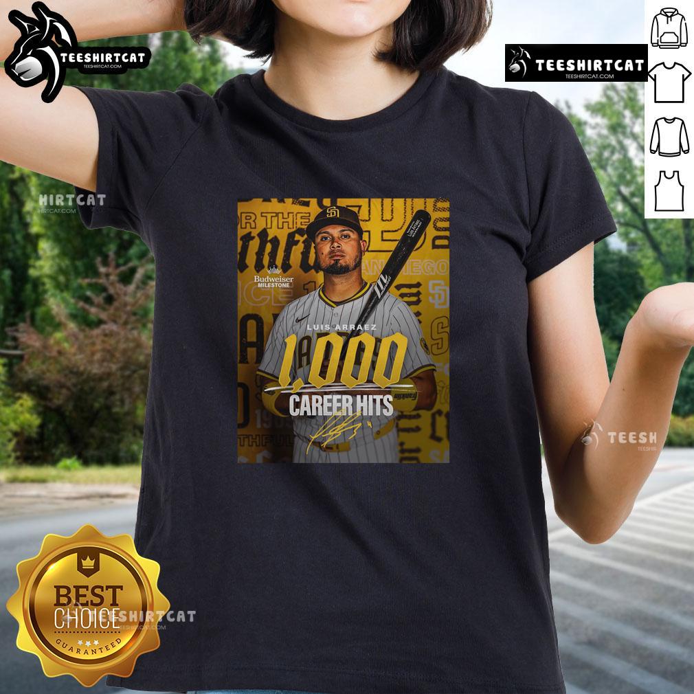 Premium Luis Arraez San Diego Padres MLB 1000 Career Hits signature poster on a stylish ladies tee.